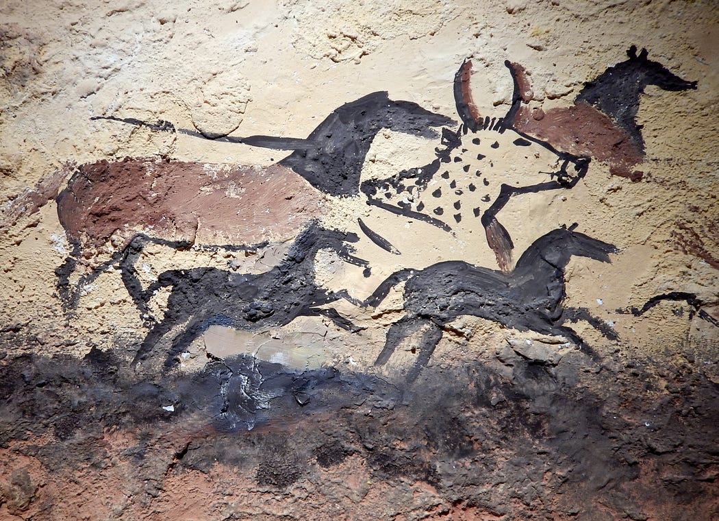 A painting of a person chasing horses